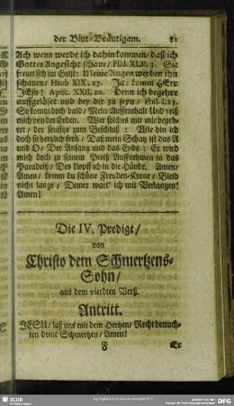 Die IV. Predigt, von Christo dem Schmertzens-Sohn, aus dem vierdten Verß