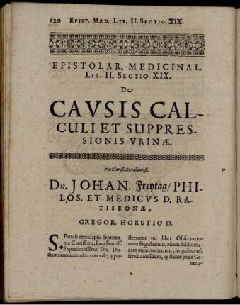 Epistolar. Medicinal. Lib. II. Sect. XIX. De Causis Calculi Et Suppressionis Urinae