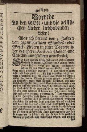 Vorrede An den Gott- und die geistlichen Lieder liebhabenden Leser!