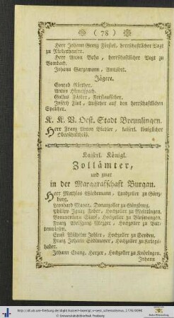 Kaiserl. Königl. Zollämter, und zwar in der Margraffschaft Burgau.