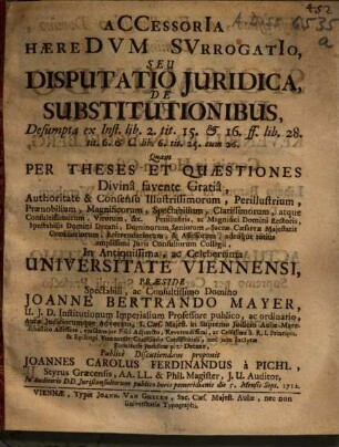 Accessoria Haeredum Surrogatio, Seu Disputatio Iuridica De Substitutionibus : Desumpta ex Inst. lib. 2 tit. 15. & 16. ff. ...