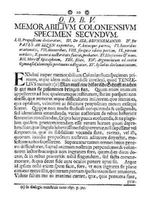 Q. D. B. V. MEMORABILIVM COLONIENSIVM SPECIMEN SECVNDVM