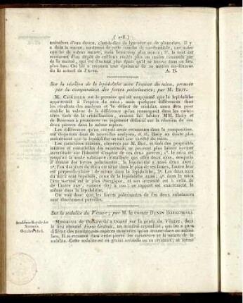 Sur la réunion de la lepidolithe avec l´espece du mica, pronvée par la comparaison des forces polarisantes;