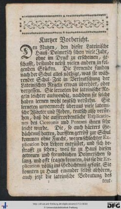Kurtzer Vorbericht.