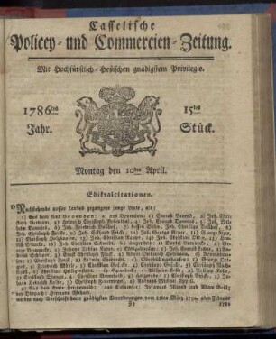 15tes Stueck, Montag den 10ten April. 1786