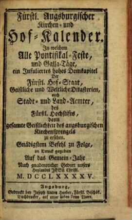 Fürstlich Augsburgischer Hof- und Staats-Kalender : auf das Jahr Christi ..., 1795