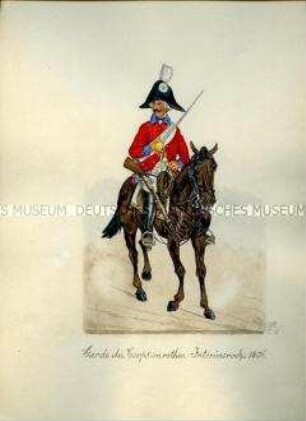 Uniformdarstellung, Reiter der Garde du Corps in Interimsuniform zu Pferd, Sachsen, 1806.