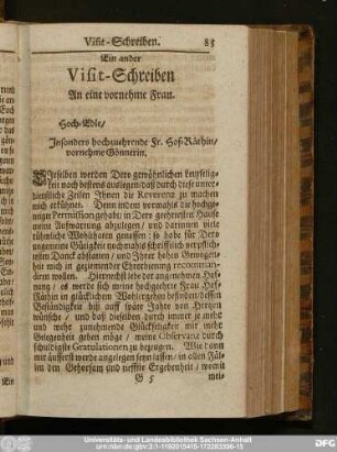 Ein ander Visit-Schreiben An eine vornehme Frau.