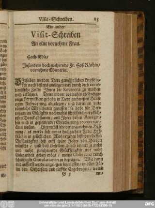 Ein ander Visit-Schreiben An eine vornehme Frau.