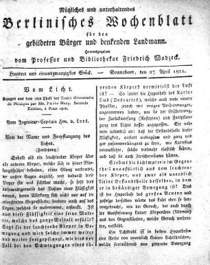 Hundert und einundzwanzigtes Stueck, Sonnabend, den 27. April 1811.