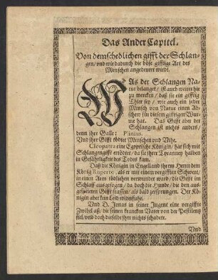 Das Ander Capitel. Von dem schedlichen gifft der Schlangen/ und wie dadurch die böse gifftige Art des Menschen angedeutet wirdt.