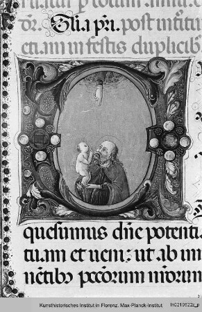 Missale Romanum : Historisierte Initiale E: Heiliger, der seine Seele Gottvater entgegenstreckt