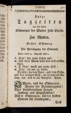321-338, Kurze Tagzeiten von den sieben Schmerzen der Mutter Jesu Christi.