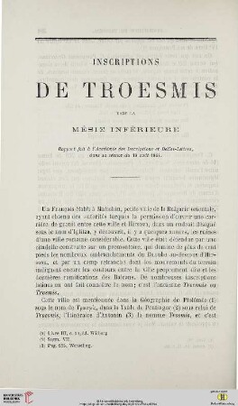 N.S. 10.1864: Inscriptions de Troesmis dans la Mésie inférieure : rapport fait à l'Académie des Inscriptions et Belles-Lettres, dans sa séance du 19 août 1864