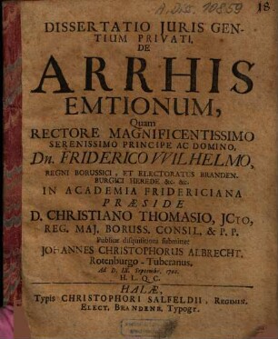 Dissertatio Juris Gentium Privati, De Arrhis Emtionum
