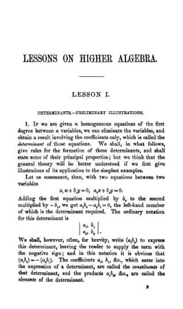 Lessons on higher algebra. Lesson I. Determinats. - Preliminary illustrations.