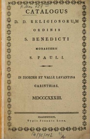 Catalogus d.d. religiosorum ordinis S. Benedicti monasteri S. Pauli in diocesi et valle Lavantina Carinthiae