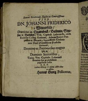 Summe Reverendo Illustri ac Generosißimo Viro Dn. Johanni Friderico a Winterfeld [...]