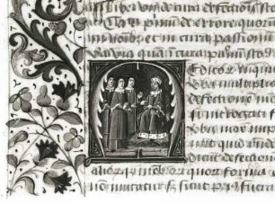 Galen und seine Schüler (Initiale, Arabeske und Text; Französisch, M. 15. Jh.; Pergament; 4,0 x 3,9 cm; Illustration zu "Galeni opera varia, lat. interprete Nic. de Regio", Band 2, Blatt 477 v; Sächsische Landesbibliothek - Staats- und Universitätsbibliothek Dresden (SLUB))