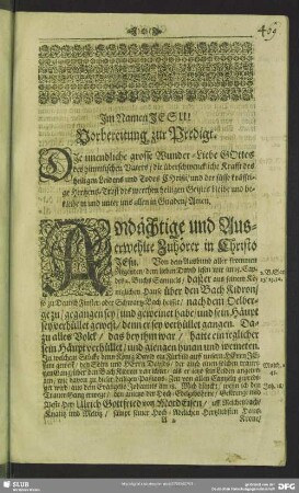 Leichenpredigt : Christliche Leich-Predigt. Vorbereitung zur Predigt. Text. Eingang. Abhandlung