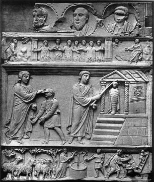 Lipsanothek (Reliquienkästchen) — rechte Schmalseite: Medaillons mit drei Aposteln; Szenen der Moseslegende; Heilung eines Blinden und Erweckung des Lazarus; Szenen der Jakobslegende