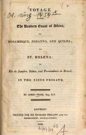 Voyage along the eastern coast of Africa, to Mosambique, Johanna, and Quiloa to St. Helena ... in the Nisus frigate