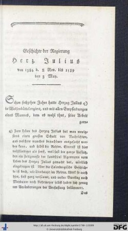 Geschichte der Regierung des Herzogs Julius von 1584 bis 1589.