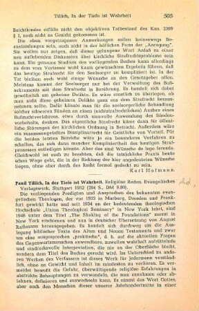 505-506 [Rezension] Tillich, Paul, In der Tiefe ist Wahrheit
