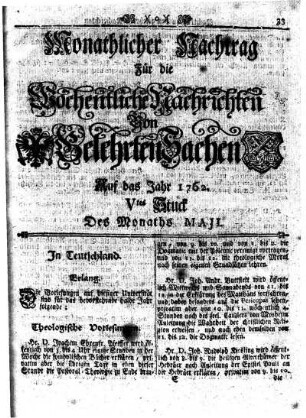 Monathlicher Nachtrag [...] Auf das Jahr 1762. Vtes Stuck Des Monaths Maji