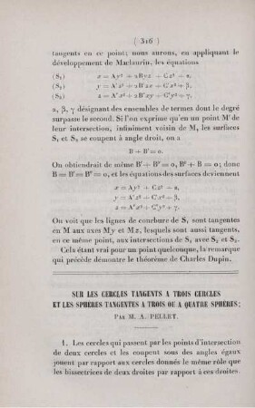 Sur les cercles tangents a trois cercles et les sphères tangentes a trois ou a quatre sphères.