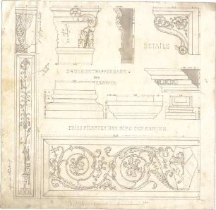 Stegmann, Carl von; Zeichnungen für Publikationen - Säule im Treppenhaus u. Kämpfer u. Friespilaster u. Kaminsims (Schnitte, Details)