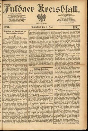 Erste Ausgabe vom Samstag, den 02. Juni 1894.