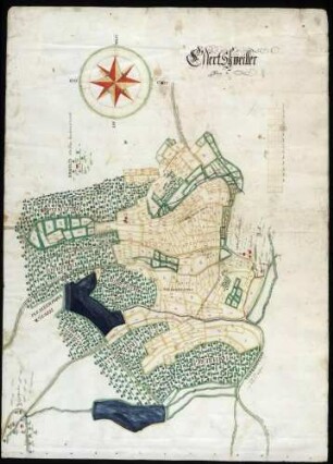 "Chorographisch und Geometrische Abbildung aller in des Hochdeutschen Ordens Herrschaft Achberg liegender accurat in Grund gelegter Dorfschaften, Weiler, Höfe, Hofstätten, Gärten, Äcker, Wiesen, Weinberg, Felder, Waldungen, Weiher, Flüße, Bäche und Appertinenten nach einer Universal- und in 13 Particular-Mappas eingeteilt, angefangen den 27. Aug[ust] 1726, vollendet den 9. Dez[ember] 1727"