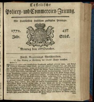43tes Stueck, Montag den 26ten October 1772