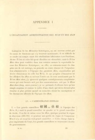 Appendice I - L'organisation administrative des Ts'in et des Han