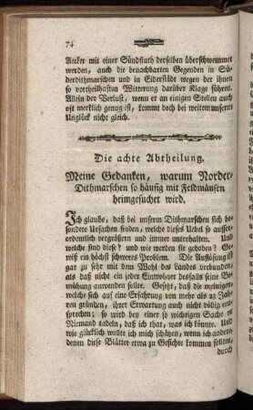 Die achte Abtheilung. Meine Gedanken, warum Norder-Dithmarschen so häufig mit Feldmäusen heimgesuchet wird.