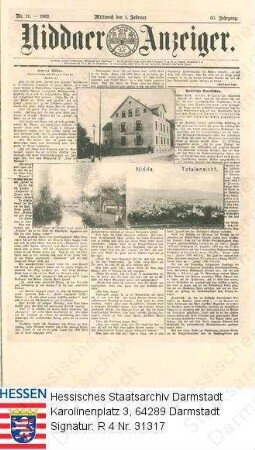 Nidda, Buchdruckerei und Verlag Cloos / Titelblatt des Niddaer Anzeigers Nr. 11, 60. Jg. vom 5. Februar 1902 mit Panorama von Nidda und Gebäudeansicht der Druckerei