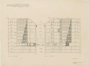 Schleich, Erwin; München, Ludwigstr. 6-10; Bürogebäude Hartlaub (ehem. Haslauer Block) - Schnitt Nord Süd; Schnitt West Ost, Tektur zum Eingabeplan
