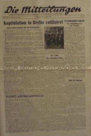 Nachrichtenblatt der britischen Armee "Die Mitteilungen" zur Kapitulation Deutschlands und zur Bildung der Alliierten Kontrollkommission
