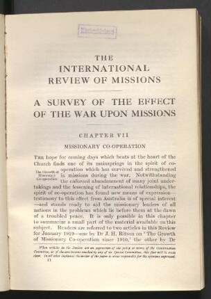 Chapitre VII. Missionary co-operation