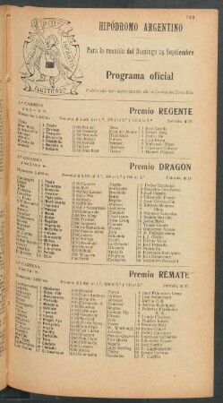 Hipódromo Argentino - Para la reunión del Domingo 29 Septiembre [de 1907] - Programa oficial
