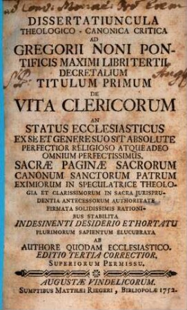 Dissertatiuncula theologica canonica ... ad Gregorii IX. Libri III. Decret. de vita Clericorum
