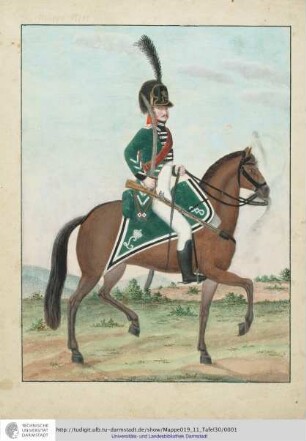 Abbildung Des Gros[s]herzoglich Hessischen Militair. [Tafel 30: Garde-Chevauleger-Regiment; Chevauleger mit geschultertem Säbel anreitend]. S.l.e.a. [ca. 1813/14]