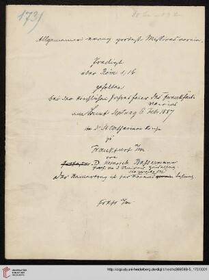 Heid. Hs. 3895 II B - 5,173: Nachlass Heinrich Bassermann, Sonn- und Feiertagspredigten: Predigt zu Röm 1,16 (Dass in unser Bekenntnis zu dem Evangelium von Christus übergehen müsse in Missionsarbeit)