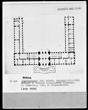 Entwürfe für Schloß Wilhelmshöhe bei Kassel, erster Vorschlag — Grundriß des Erdgeschosses
