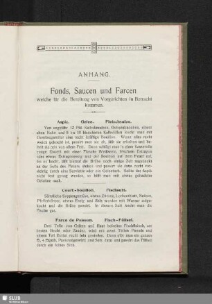 Anhang. Fonds, Saucen und Farcen, welche für die Bereitung von Vorgerichten in Betracht kommen