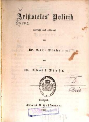 Aristoteles' Politik : Übers. u. erl. v. Carl Stahr u. Adolf Stahr