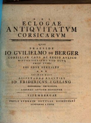 Jo. Guilielmi Bergeri Eclogarium Corsicum, 2. Exercitatio ... Eclogae Antiquitatum Corsicarum