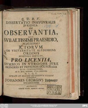 Dissertatio Inavgvralis Jvridica De Observantia