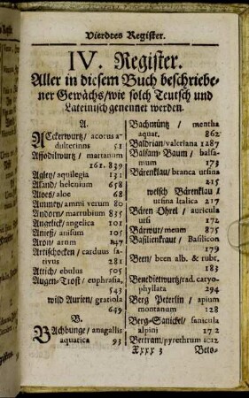 IV. Register. Aller in diesem Buch beschriebener Gewächs/ wie solch Teutsch und Lateinisch genennet werden.